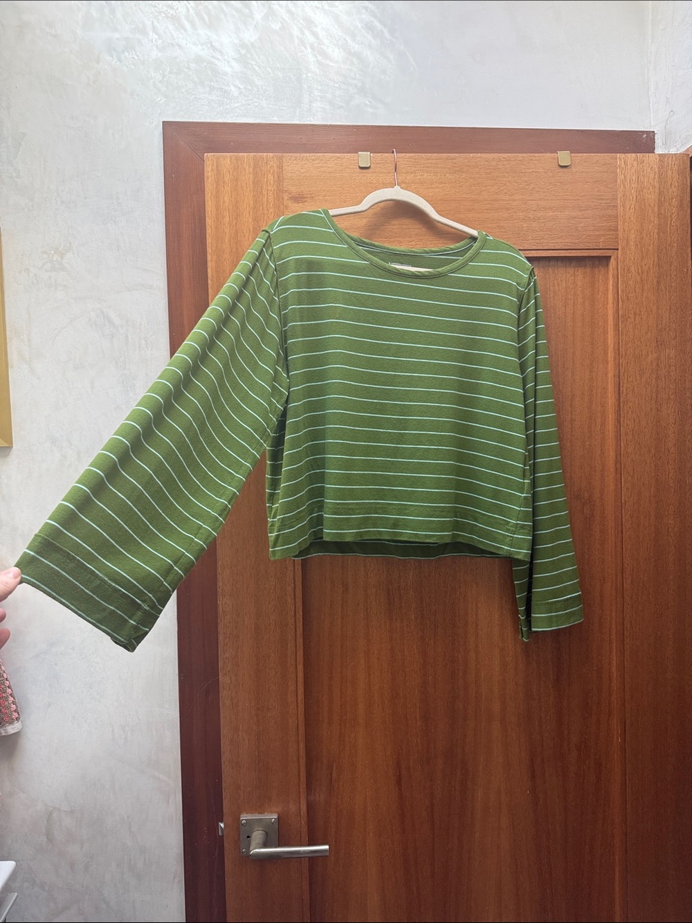 By Anthropologie Green Striped Long-Sleeve Cropped Tee with Bell Sleeves